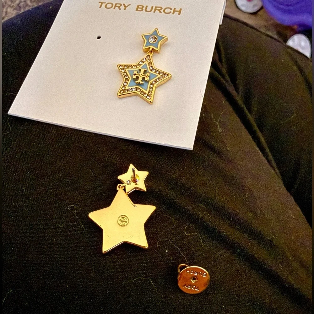 Authentic Tory Burch Gold-Tone Pale Blue Star Drop Earrings - NWT - MSRP $148